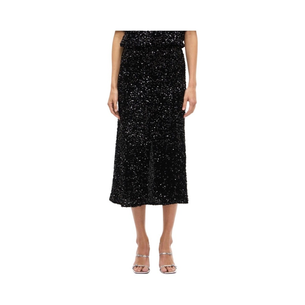 Vila Vifaith Sequin & Velour Midi Cocktail Wedding Skirt Black NWT Size S
